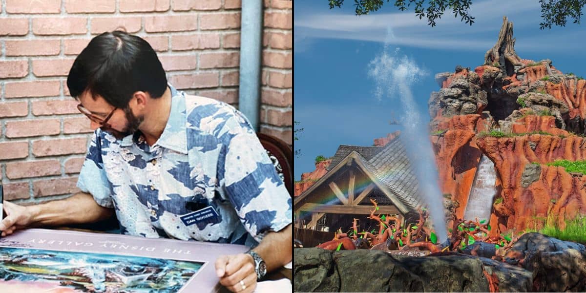 Dan Goozee meticulously planning Disney Parks attraction with a concept art poster, next to a vibrant photo of the realized attraction featuring dynamic water effects and colorful landscaping.