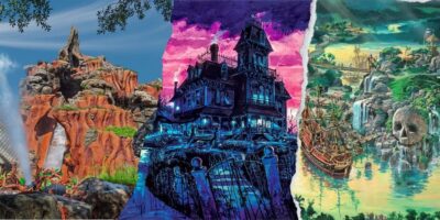 A collage of fantasy landscapes featuring Splash Mountain on the left, Haunted Mansion in the center, and an adventurous pirate setting with ships and sea cliffs on the right from the Disney Parks.