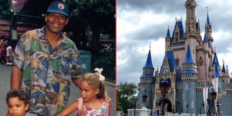 Left: O.J. Simpson in a floral shirt and cap stands with two young girls in front of green foliage at Disney World. right: Cinderella's castle at Disney, with blue turrets and a tall spire, under a cloudy sky.