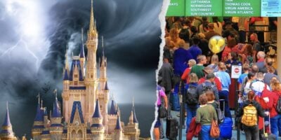 Split image featuring a bright, Cinderella castle inside Disney World on the left with a stormy sky and lightning in the background, and on the right, a crowded Orlando International Airport scene with people and directional signage.