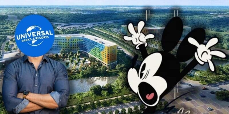 A Universal Orlando Resort man stands with his arms crossed in front of a conceptual aerial rendering of a Universal Orlando location, with an animated Mickey Mouse appearing jovially beside the image.