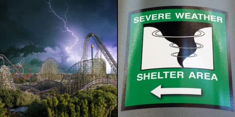 A split image featuring a stormy sky with lightning above roller coasters on the left inside of Busch Gardens Tampa Bay, and a "severe weather shelter area" sign with a tornado symbol on the right.