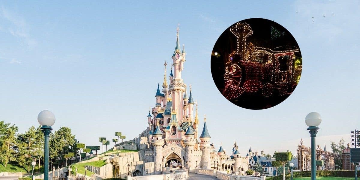A panoramic view of Disneyland featuring its iconic castle during the day and a magnified inset image displaying the castle adorned with colorful lights at night during the Disney Electrical Parade.