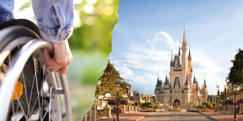 A collage of two images: on the left, a close-up of a person in a wheelchair, focusing on the wheel, and on the right, a scenic view of Cinderella's Castle at Disney.