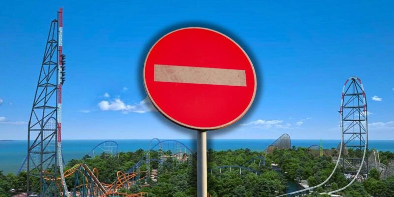 A banned sign in front of Top Thrill 2 roller coaster at Cedar Point.
