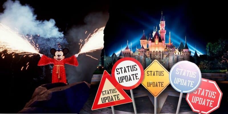 A collage of two images: to the left, Mickey Mouse dressed as a wizard casting a spell during a fireworks show; to the right, the Disneyland iconic castle illuminated at night with "status update" signs for Disney.