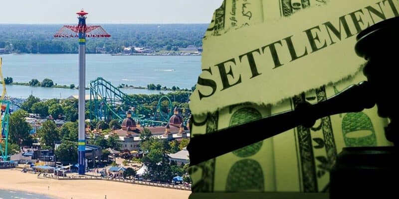 A split image featuring the Top Thrill Dragster roller coaster at an amusement park on the left, and a silhouette of a person with a gavel against documents labeled "settlement" on the right.