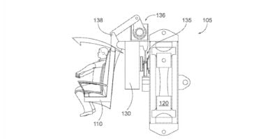 Technical drawing of a multi-tool with various components extended, including pliers, knife, and other tools.