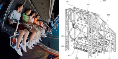 A group of people experiencing a virtual reality simulation ride accompanied by an illustration of the ride's mechanical design.
