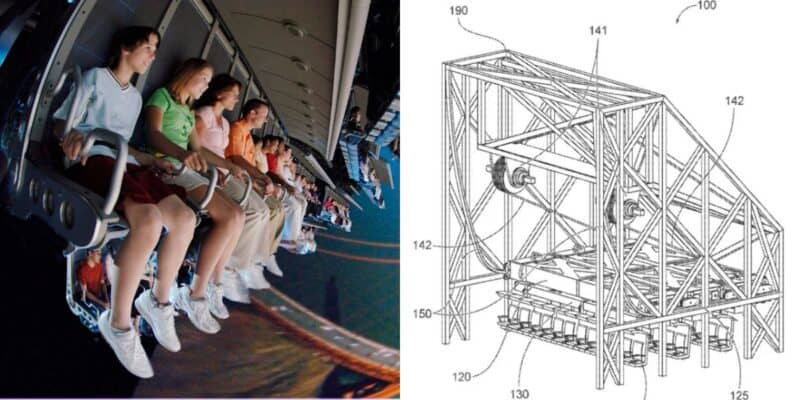 A group of people experiencing a virtual reality simulation ride accompanied by an illustration of the ride's mechanical design.