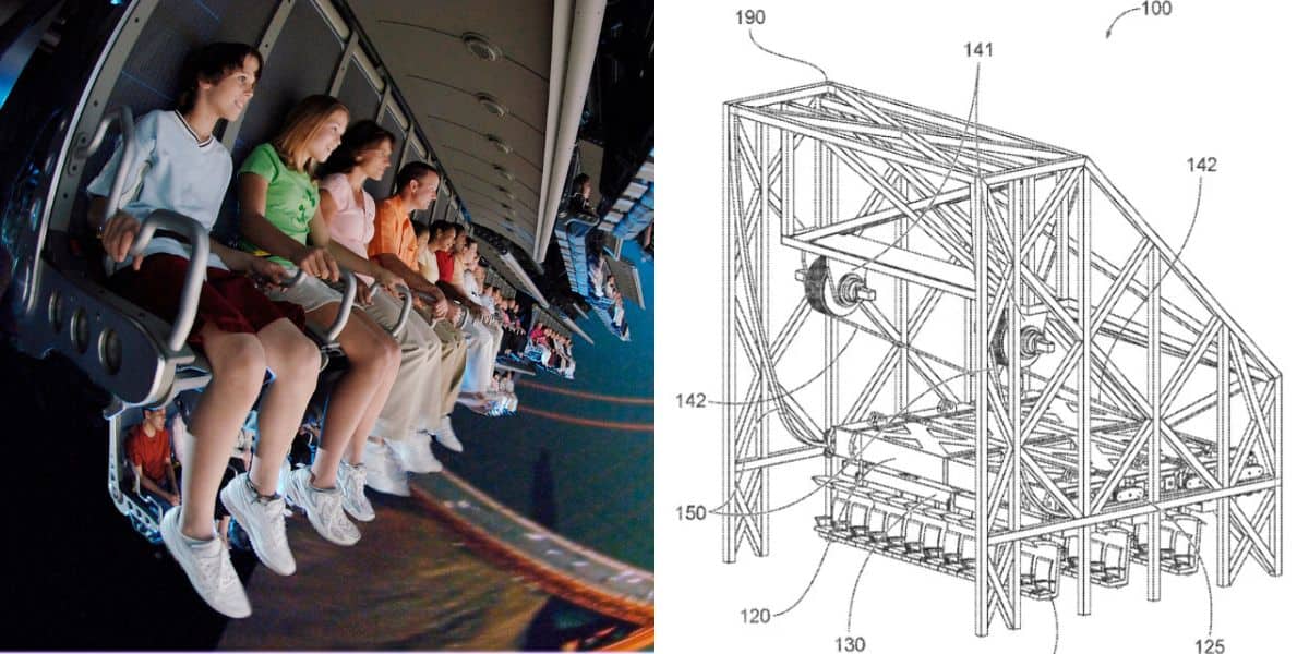 A group of people experiencing a virtual reality simulation ride accompanied by an illustration of the ride's mechanical design.