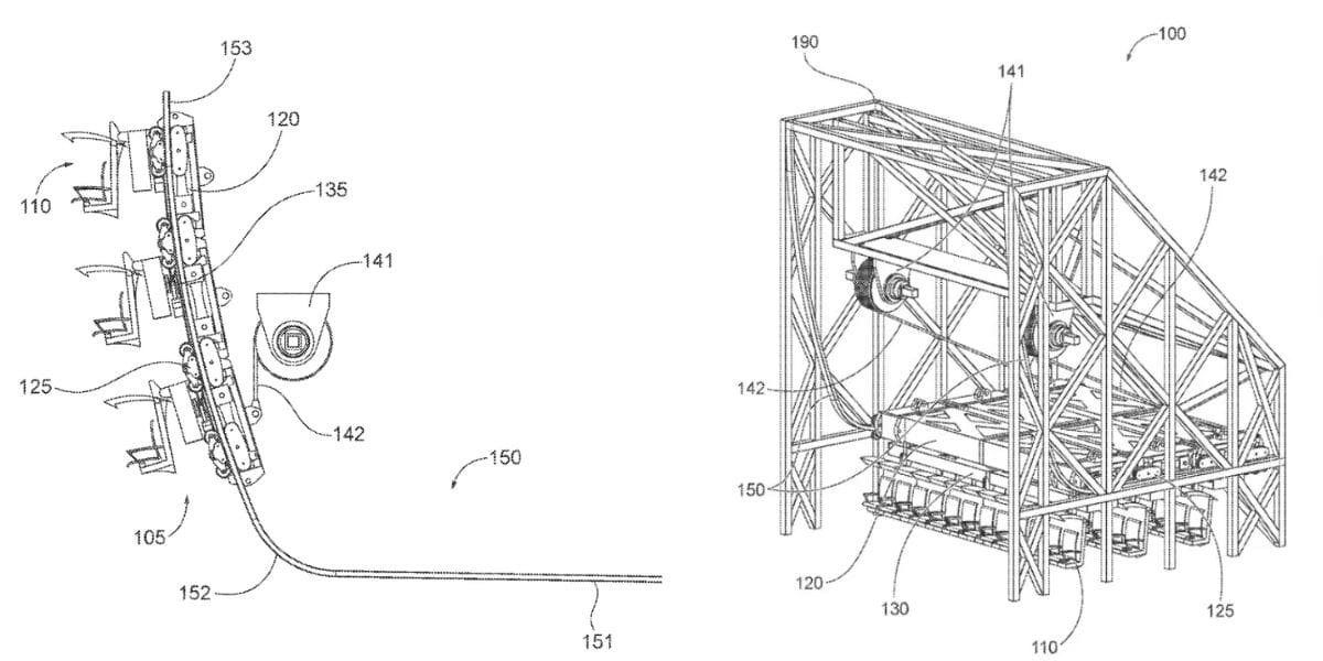 Technical schematic diagrams of a multi-component mechanical system, possibly related to engineering or patent documentation, showing detailed views of parts and assembly structure.