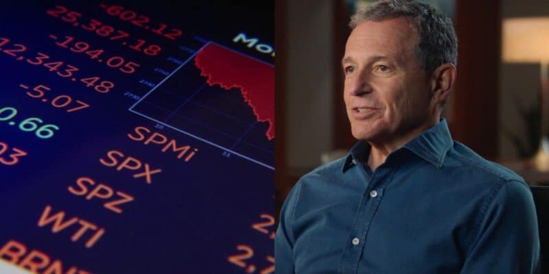 Bob Iger, in a casual blue shirt, looks thoughtfully to the side with a digital stock market graph in the background displaying a downturn.