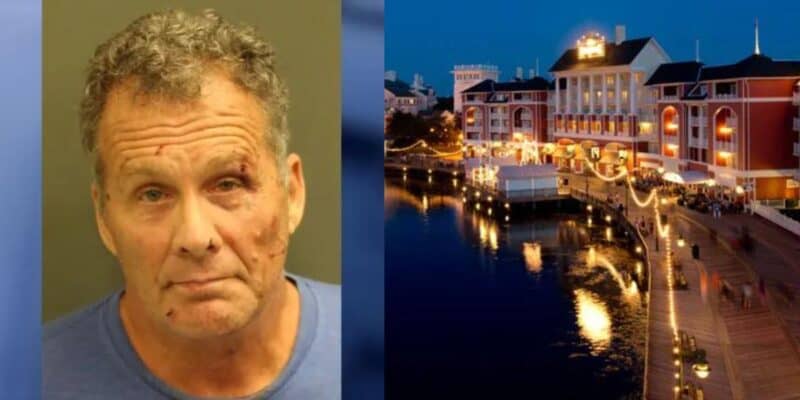 A split image showing a mugshot of a man on the left and a scenic evening view of a waterfront with buildings and lights on the right.
