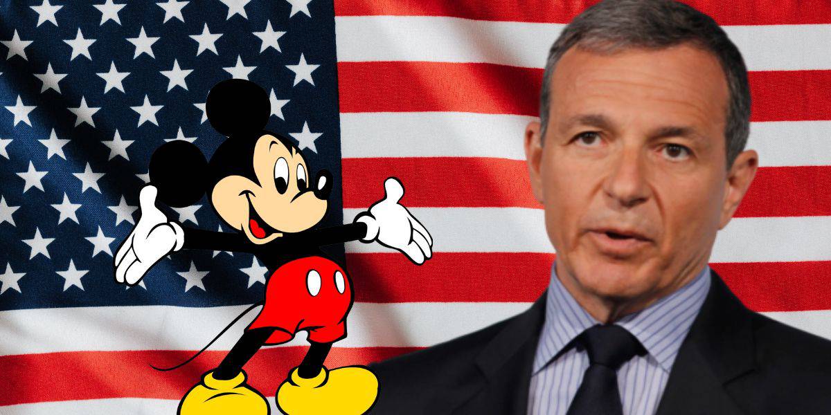 An illustration of mickey mouse superimposed on the american flag, paired with a man in a suit giving a speech.
