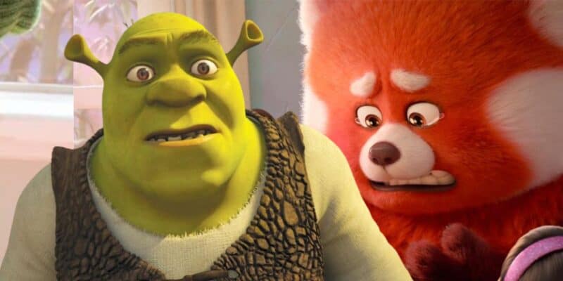 Image of animated characters Shrek, a large green ogre, and a red, fluffy creature with startled expressions, standing side by side.