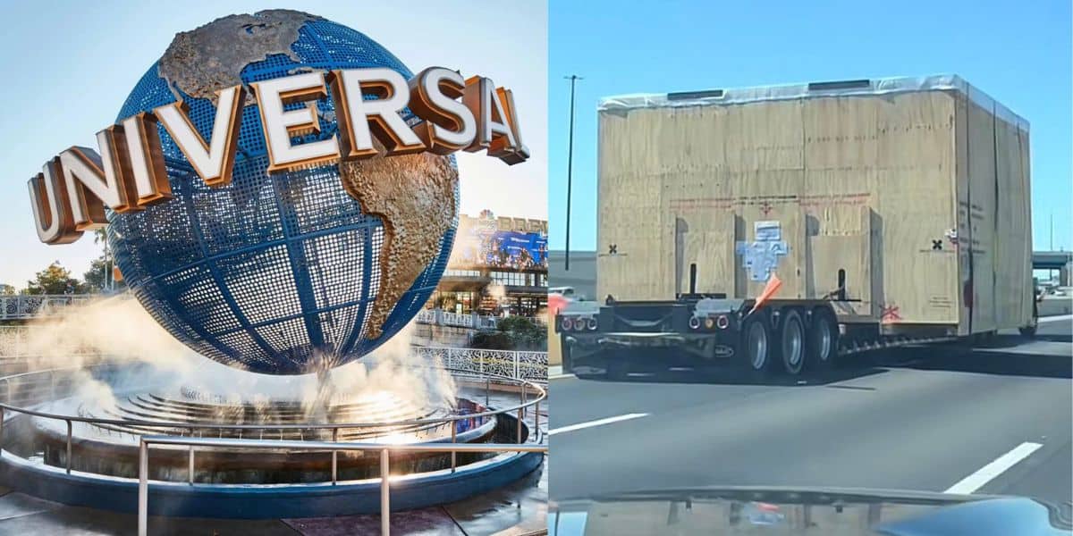 A split image showing the Epic Universe globe fountain on the left and a large wooden crate being transported on a truck on the right.