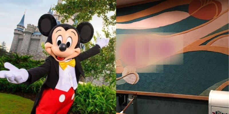 Left: Mickey Mouse in costume, waving, with Disney World's castle in the background. Right: abstract wall mural with pastel geometric shapes.