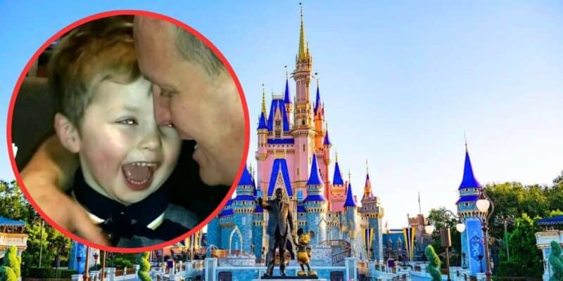 A joyful moment captured: a smiling child held close and experiencing a delightful moment, set against a scenic backdrop of the iconic cinderella castle at disneyland.