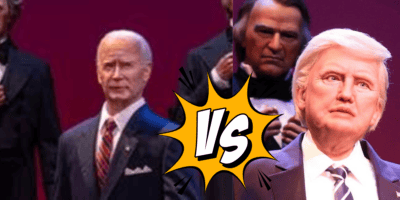 A split image with wax figures of joe biden on the left and donald trump on the right, separated by a large yellow "vs" symbol, suggesting a confrontation or comparison.