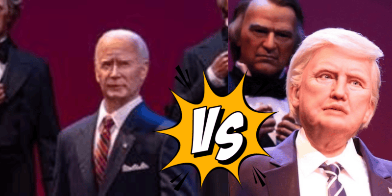 A split image with wax figures of joe biden on the left and donald trump on the right, separated by a large yellow "vs" symbol, suggesting a confrontation or comparison.