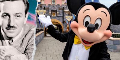 Split image featuring a black-and-white photo of walt disney on the left and a colorful mickey mouse character waving in front of Disneyland theme park on the right.