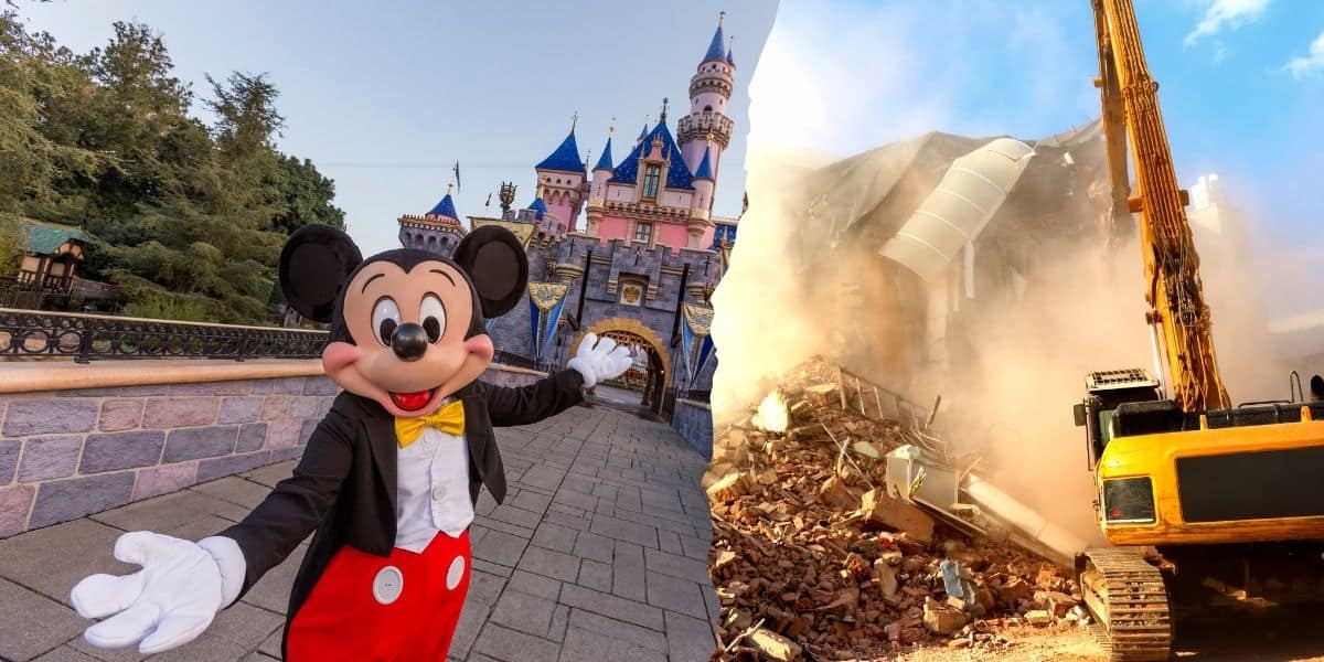 Mickey Mouse posing cheerfully in front of Disneyland's Sleeping Beauty Castle on a sunny day, contrasted with an image of a demolition site featuring a large excavator amid crumbling structures.