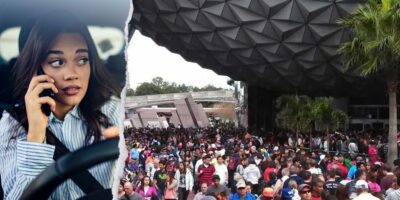 A woman talking on her phone appears worried and is driving on the left side. on the right side, a large crowd of people gathers inside of EPCOT at Disney World.
