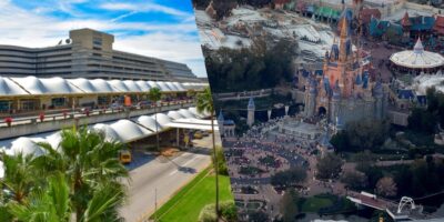 Split image showing a bustling transport hub with buses on the left, and an aerial view of a crowded Disney amusement park featuring a castle on the right.