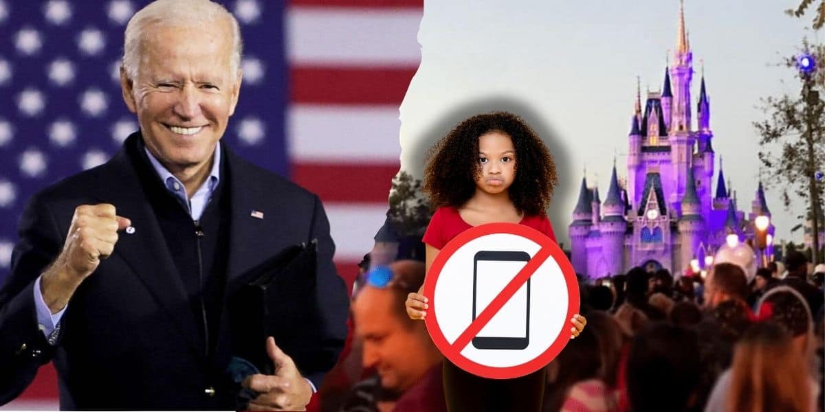 Montage of Joe Biden smiling with a fist pump in front of an American flag on the left, and on the right, a young girl holding a "no phones" sign at Disney World with a large crowd.
