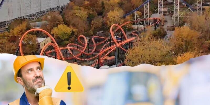 A montage image featuring a Cedar Point roller coaster with bright orange loops set against autumn trees at the top, and a worried construction worker looking at a warning sign at the bottom.