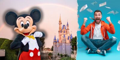 Collage of a joyful man sitting and celebrating with cash flying around, juxtaposed with an image of mickey mouse waving in front of cinderella's castle at Disney World.