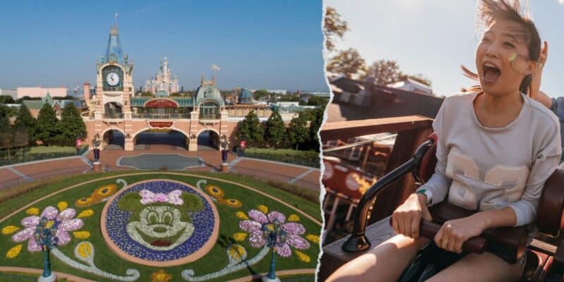 Left: aerial view of a Disney park entrance with a Mickey Mouse floral arrangement inside Shanghai Disneyland. Right: a young woman laughing joyfully on a roller coaster.