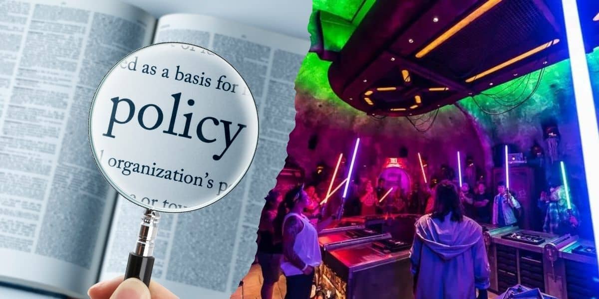 A split image showing a close-up of a book page under a magnifying glass on the left, and people engaged in a Disney lightsaber battle at a themed event, under colorful lights on the right