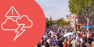 Split image: left side shows a weather alert icon with storm clouds and lightning over a red background, right side depicts a crowded street at Disneyland on a sunny day.