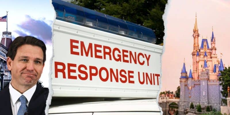 A collage with Governor Ron DeSantis's portrait, an "emergency response unit" van, and the iconic Cinderella Castle at Disney World, symbolically linking politics and emergency management to a theme park