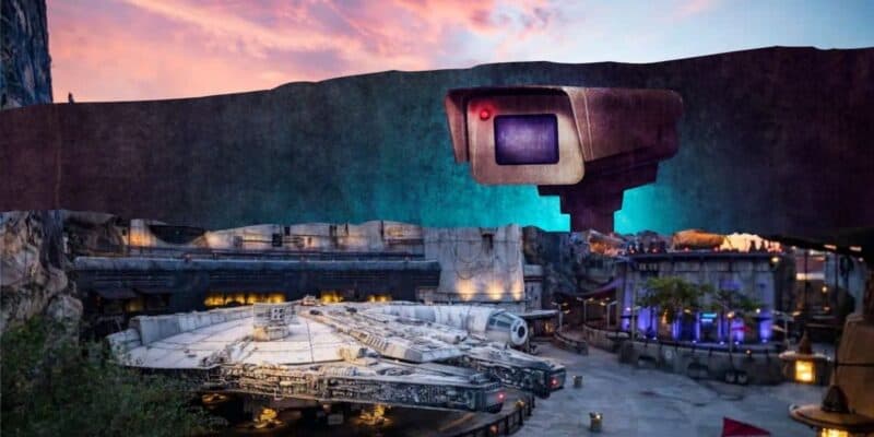 A futuristic scene depicting the Millennium Falcon at Disney's Star Wars: Galaxy's Edge with a large vintage camera illustrated above, blending real imagery with artistic elements inside Disney World.