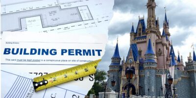 A split image with close-up of a building permit and blueprints on the left, and the Disney Cinderella Castle at Disney World on the right under a cloudy sky.