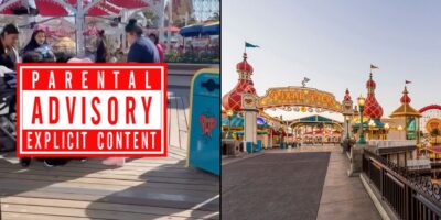 Split image with a parental advisory label on the left and an empty amusement park walkway leading to a colorful, festive Disney entrance on the right at Pixar Pier.