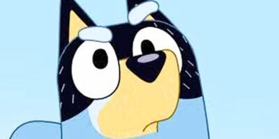 Cartoon image of a black and grey dog with large, expressive white eyes and a small black nose, set against a light blue background, from the show 'Bluey'
