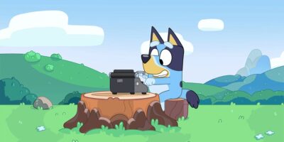 Bluey using a typewriter