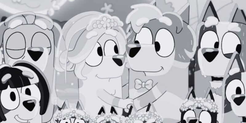 Bluey wedding in black and white