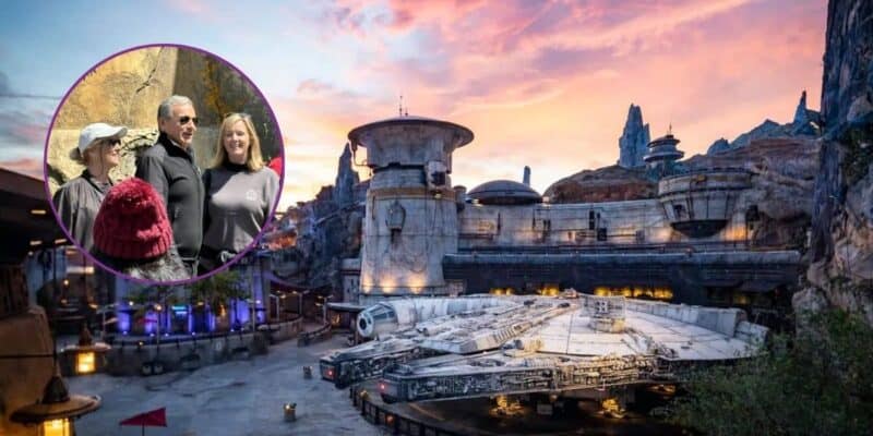 An evening view of star wars galaxy's edge at disneyland, featuring the millennium falcon and a circular overlay showing Bob Iger and two other visitors smiling.