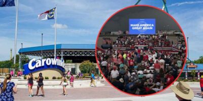Composite image showing people attending a political rally with "make america great again" sign in an auditorium and another image of people walking towards an entrance of carowinds amusement park.