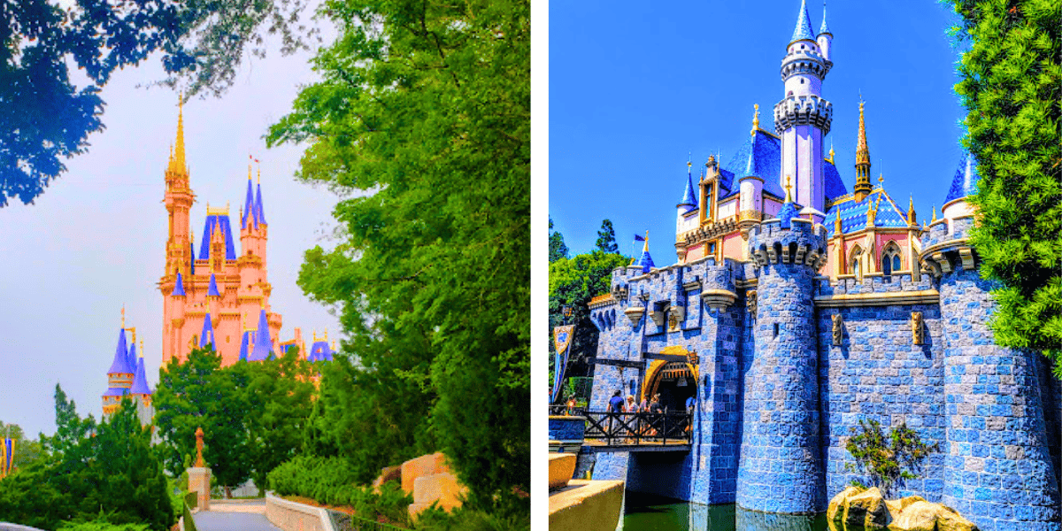 Two images of fairy-tale castles in theme parks under clear skies. the left shows a pink castle amid lush trees, and the right features a stone castle with blue rooftops.
