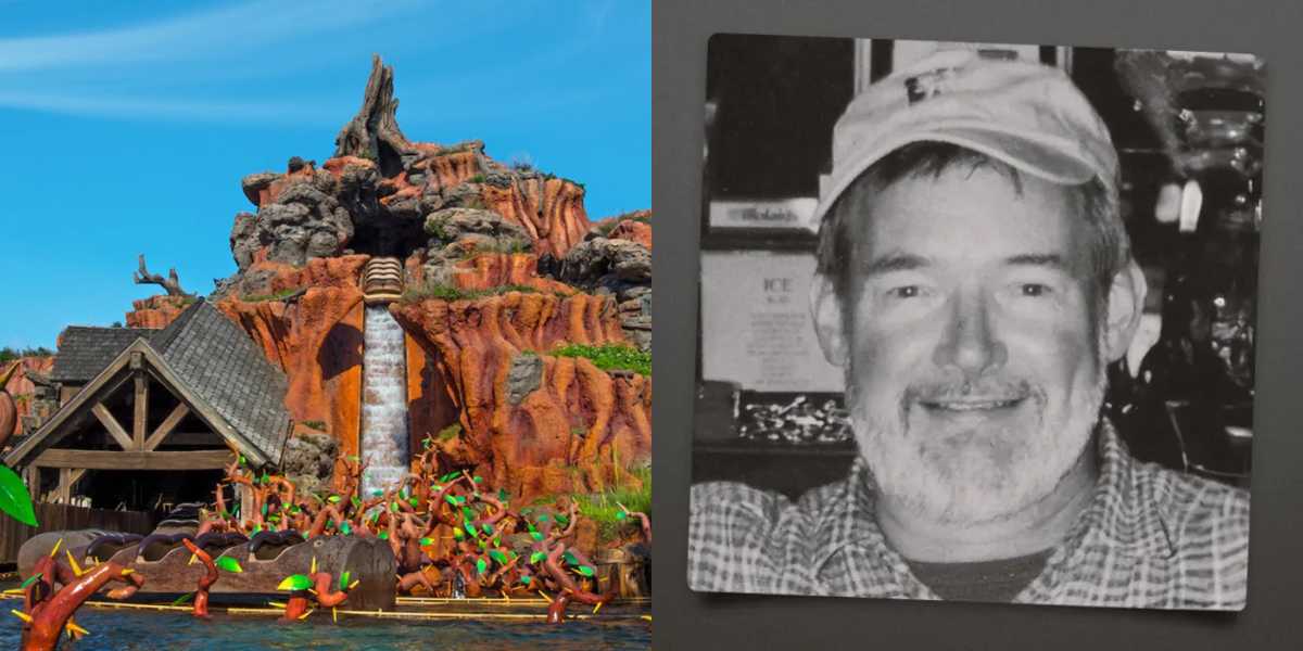 Split image featuring a vibrant theme park ride with lush green and vibrant orange scenery on the left, and a black and white photo of a smiling man wearing a cap on the right.