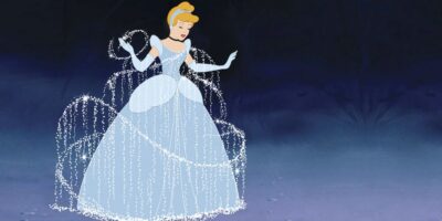 Cinderella in her shimmering blue gown is surrounded by a magical glow in a dark forest, illustrating a classical fairytale moment of transformation.