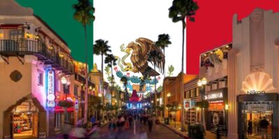 A bustling street scene at dusk overlaid with the flag of mexico, creating a vibrant fusion of urban life and national pride.