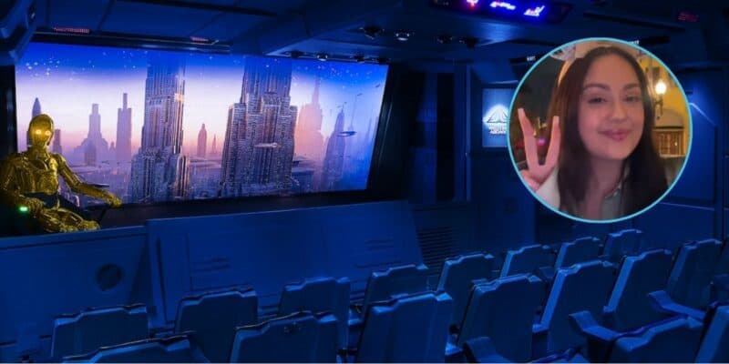 Star Tours theater empty, an image of a Disney influencer throwing up a peace sign is in the foreground.