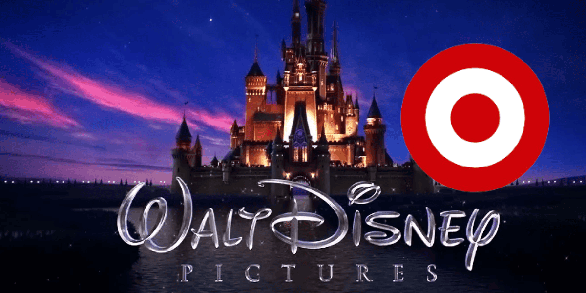 An image of the iconic walt disney pictures logo featuring a fairytale castle with a blue and pink sunset background. the logo includes a prominent disney script overlaid by a red target symbol.
